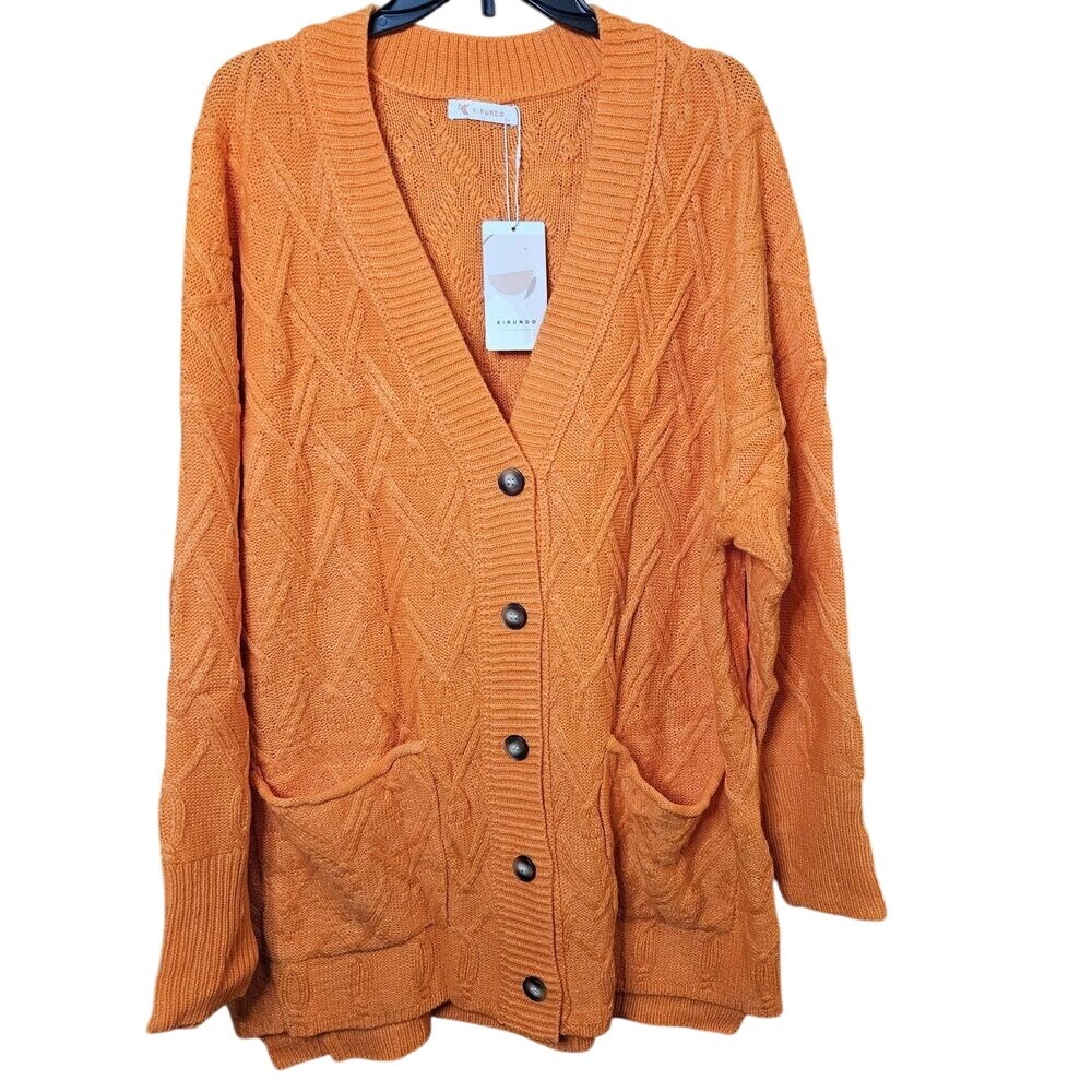 Kirundo Womens XL Orange Cable Knit Cardigan Button Front‎ V-Neck Pocket Sweater